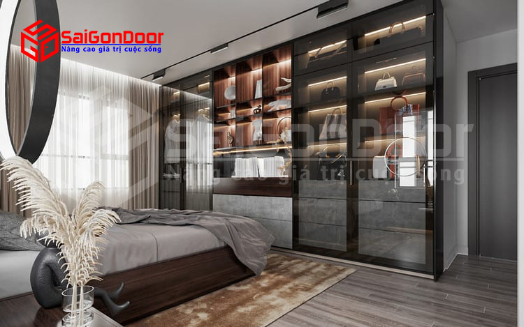 Mẫu căn phòng ngủ sử dụng nội thất gỗ công nghiệp mang phong cách hiện đại, sang trọng